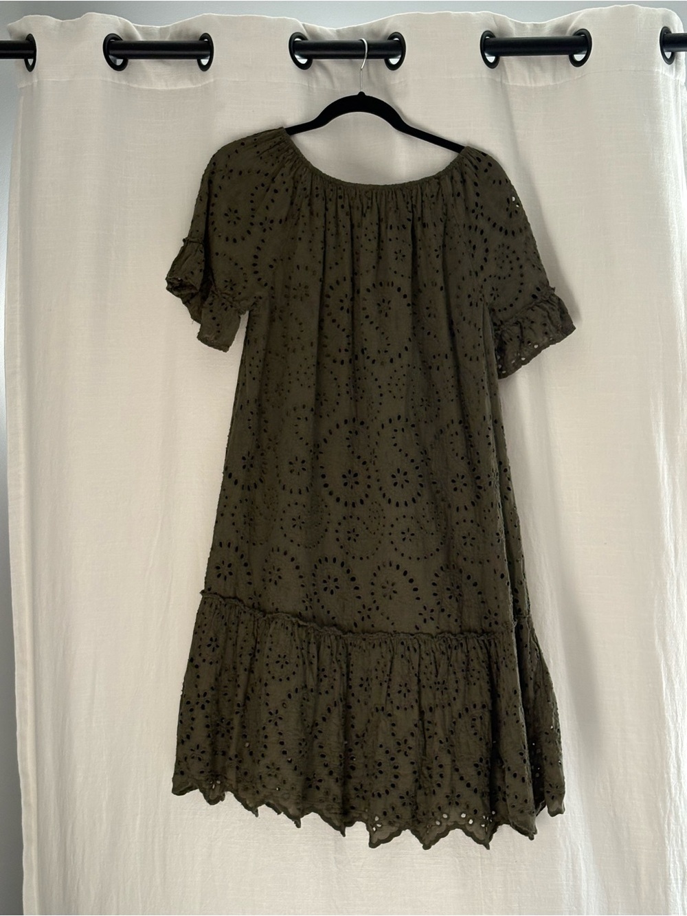 Valentina Naldi Italy Olive Green Eyelet Lace Tiered Mini Dress L